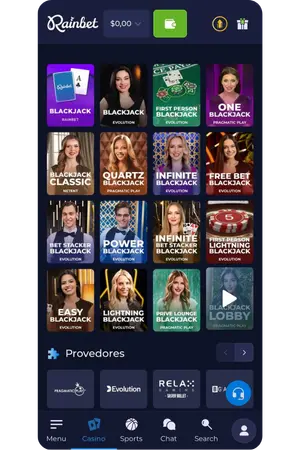 Mesas de blackjack ao vivo no Rainbet App