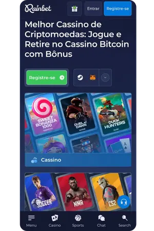 Interface móvel Rainbet com slots e registo