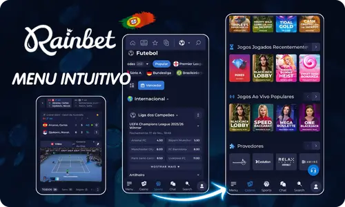 Navegação Rainbet App com filtros de jogos e apostas