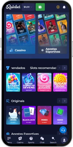 Painel principal da Rainbet após registo concluído com saldo e menu do jogador visíveis
