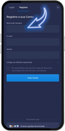 Formulário de registo da Rainbet com campos de nome de utilizador, e-mail e palavra-passe