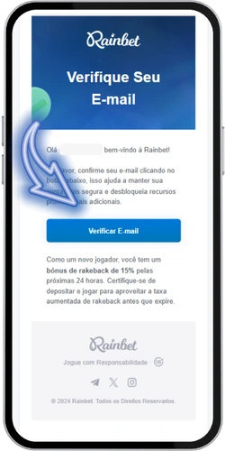 Caixa de correio com e-mail de confirmação de conta enviado pela Rainbet